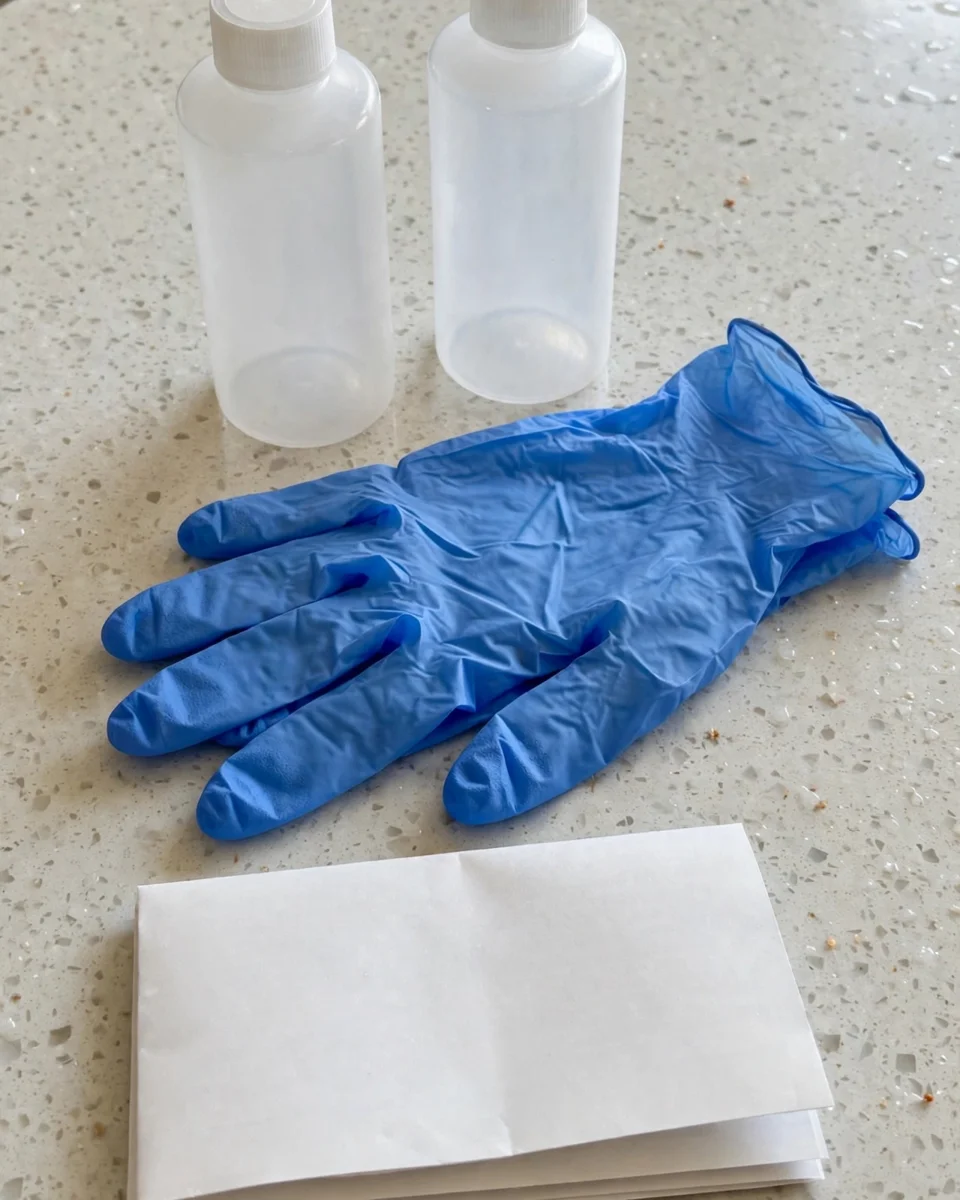 PFAS sampling kit on a counter — two plain bottles, nitrile gloves and blank instructions, built to avoid contamination
