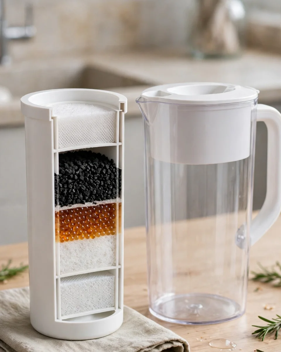 Cutaway of a pitcher filter cartridge showing its layered media beside a clear pitcher