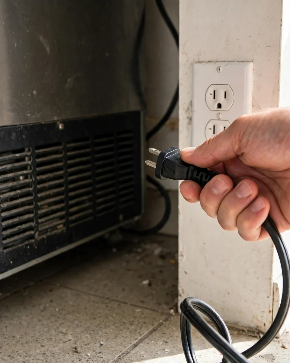 Hand holding the fridge's unplugged power cord — the one-minute power cycle for a stuck panel