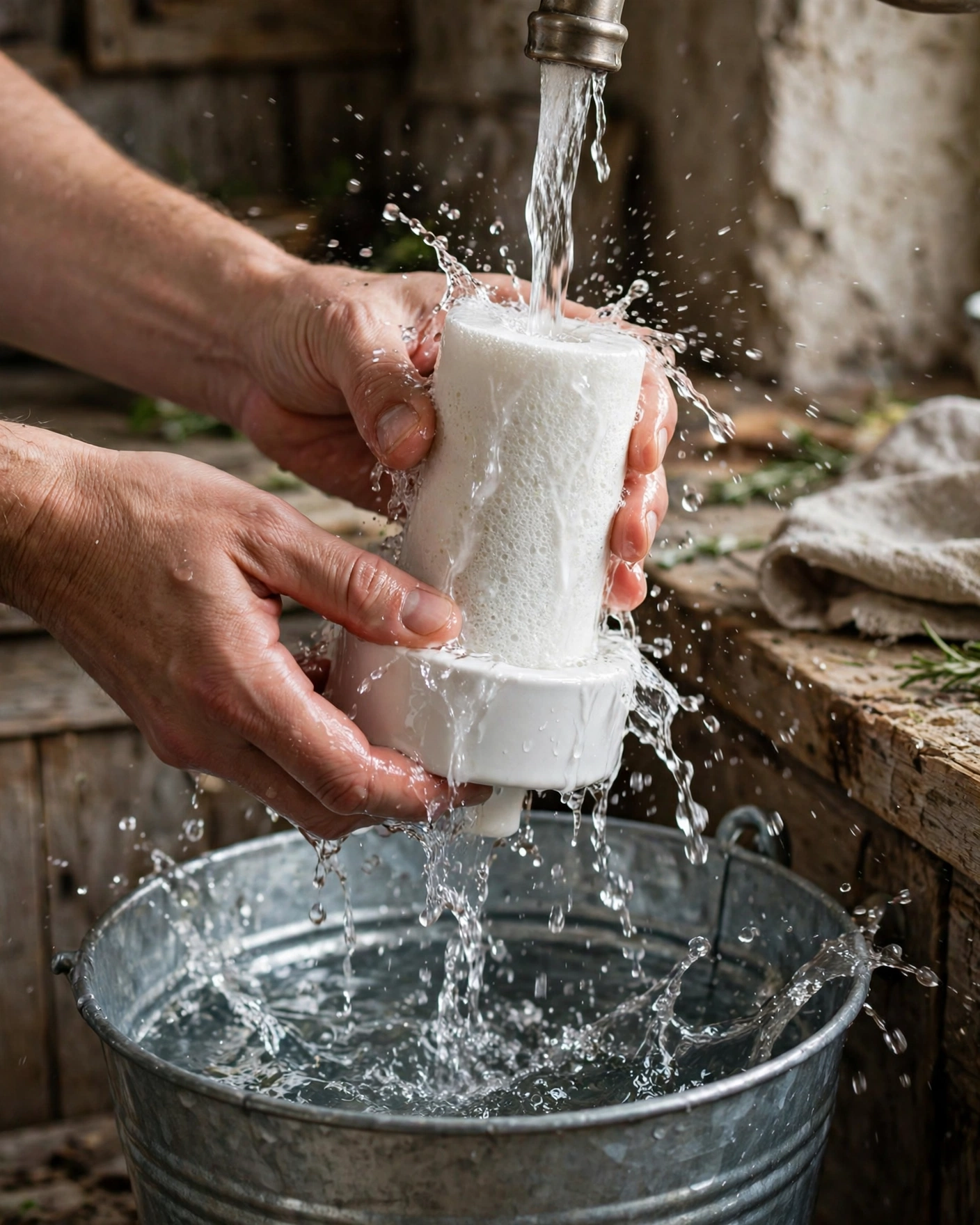 Hands priming a white ceramic gravity filter element over a bucket in bright kitchen light