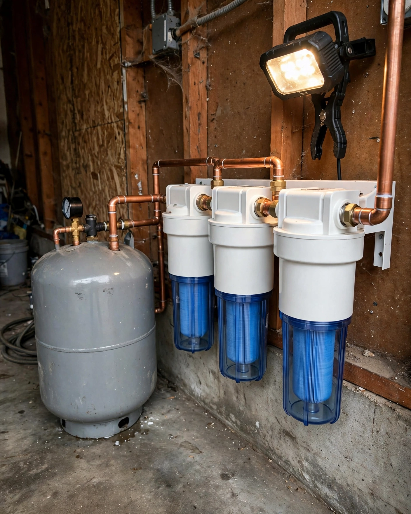 PRO+AQUA Elite PRO-100-E GEN2 3-stage whole-house system mounted on a garage wall beside a well pressure tank