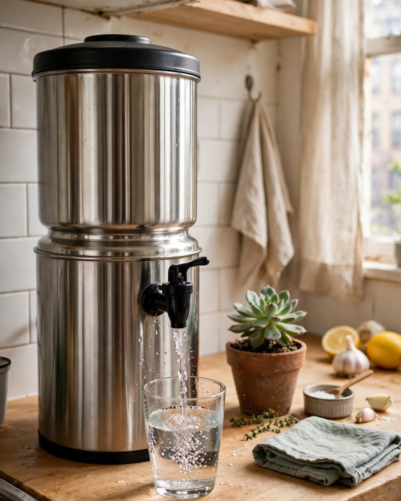Stainless steel gravity water filter urn on a small apartment kitchen counter
