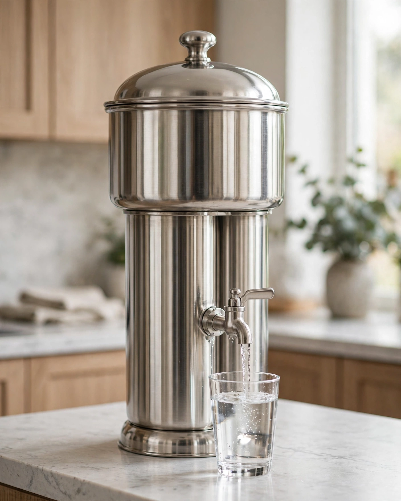 ProOne Big+ black 3-gallon gravity water filter on a modern kitchen counter with a glass being filled at the spigot