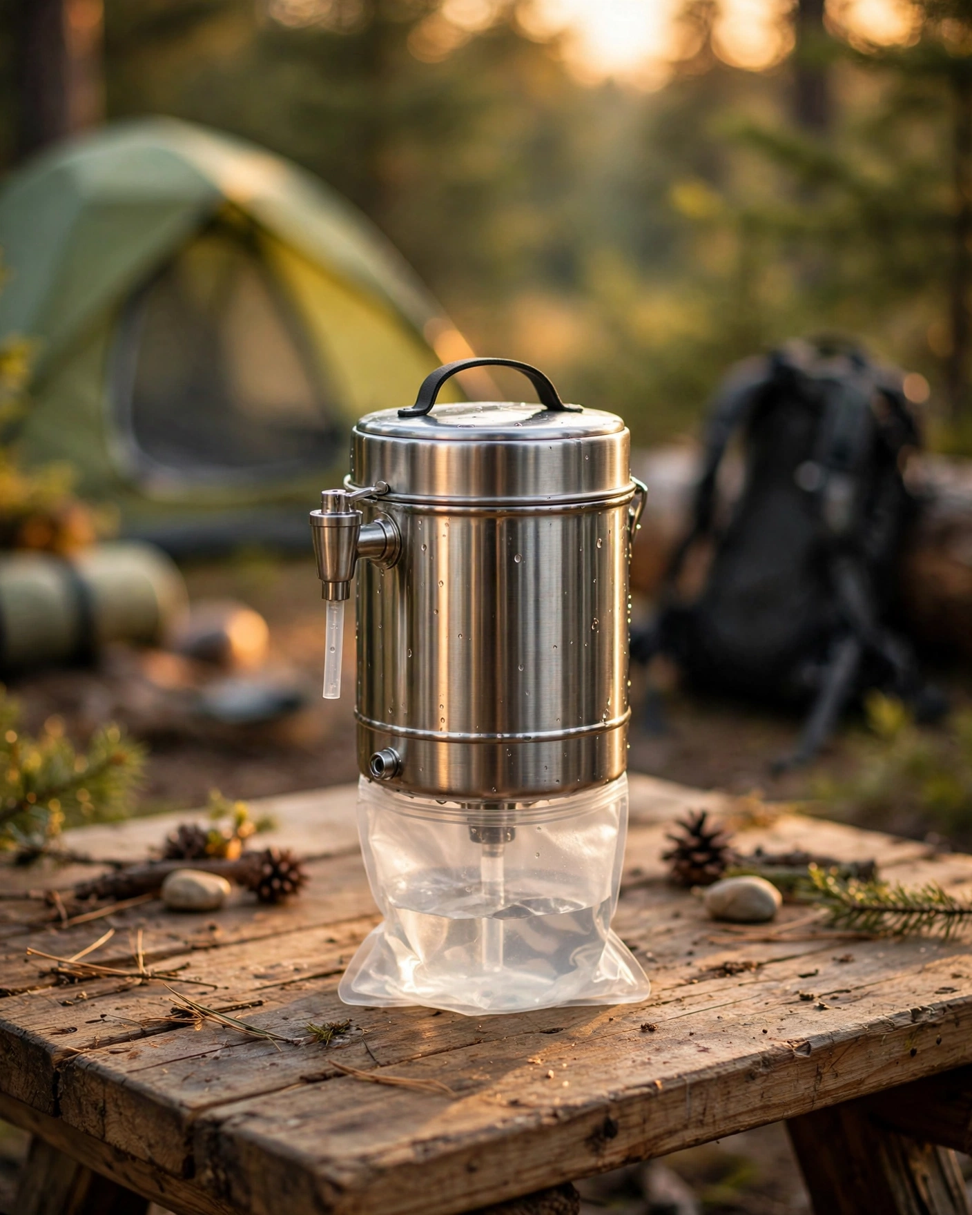 Compact ProOne Traveler+ gravity water filter at a campsite with a tent and backpack in the background