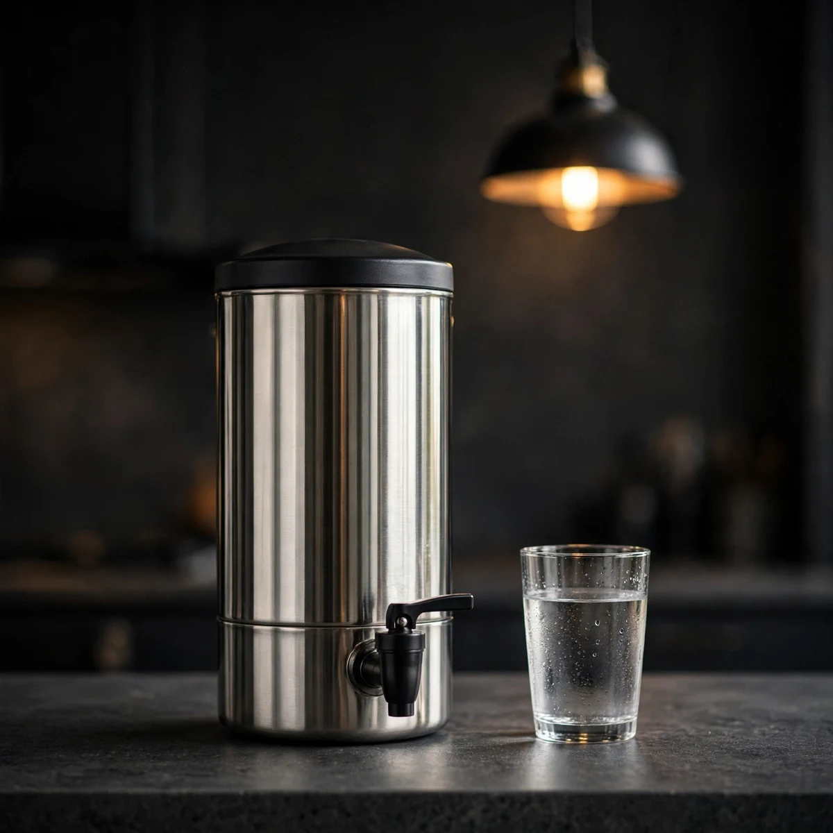 Big Berkey stainless steel gravity water filter urn on a dark countertop
