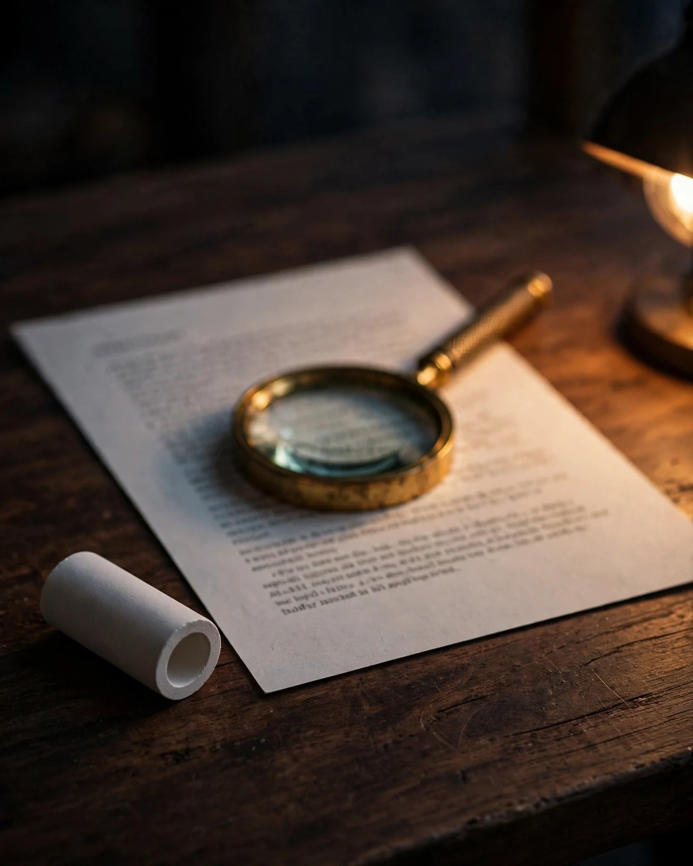 Brass magnifying glass over a printed water filter document with blurred fine print beside a white ceramic filter candle on a dark walnut desk