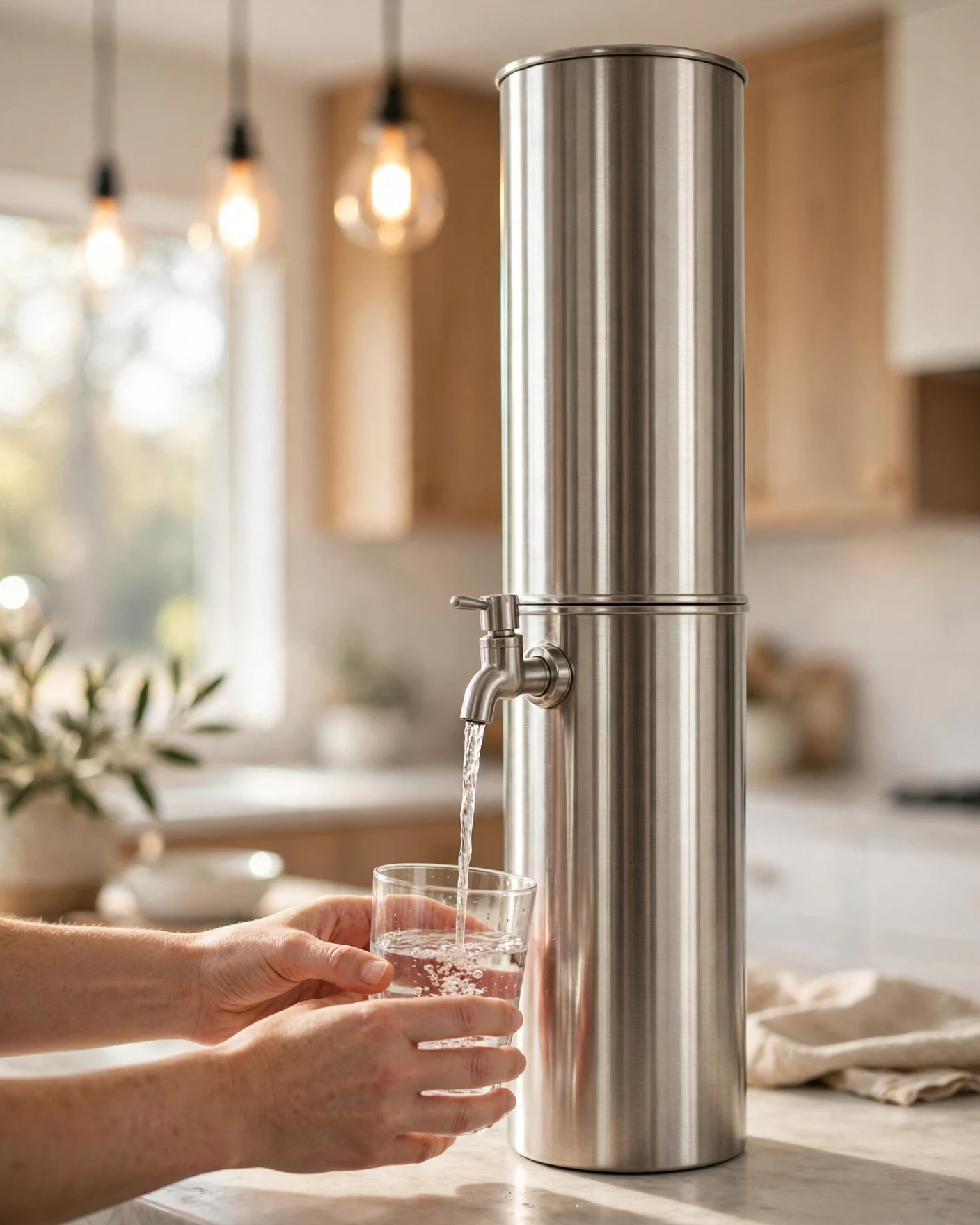 Hands holding a glass under the spigot of a stainless steel gravity water filter as filtered water pours