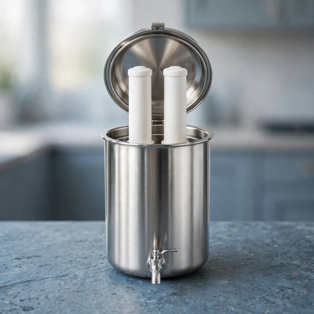 ProOne Big+ stainless steel gravity water filter with white ceramic candle elements on a slate-blue counter