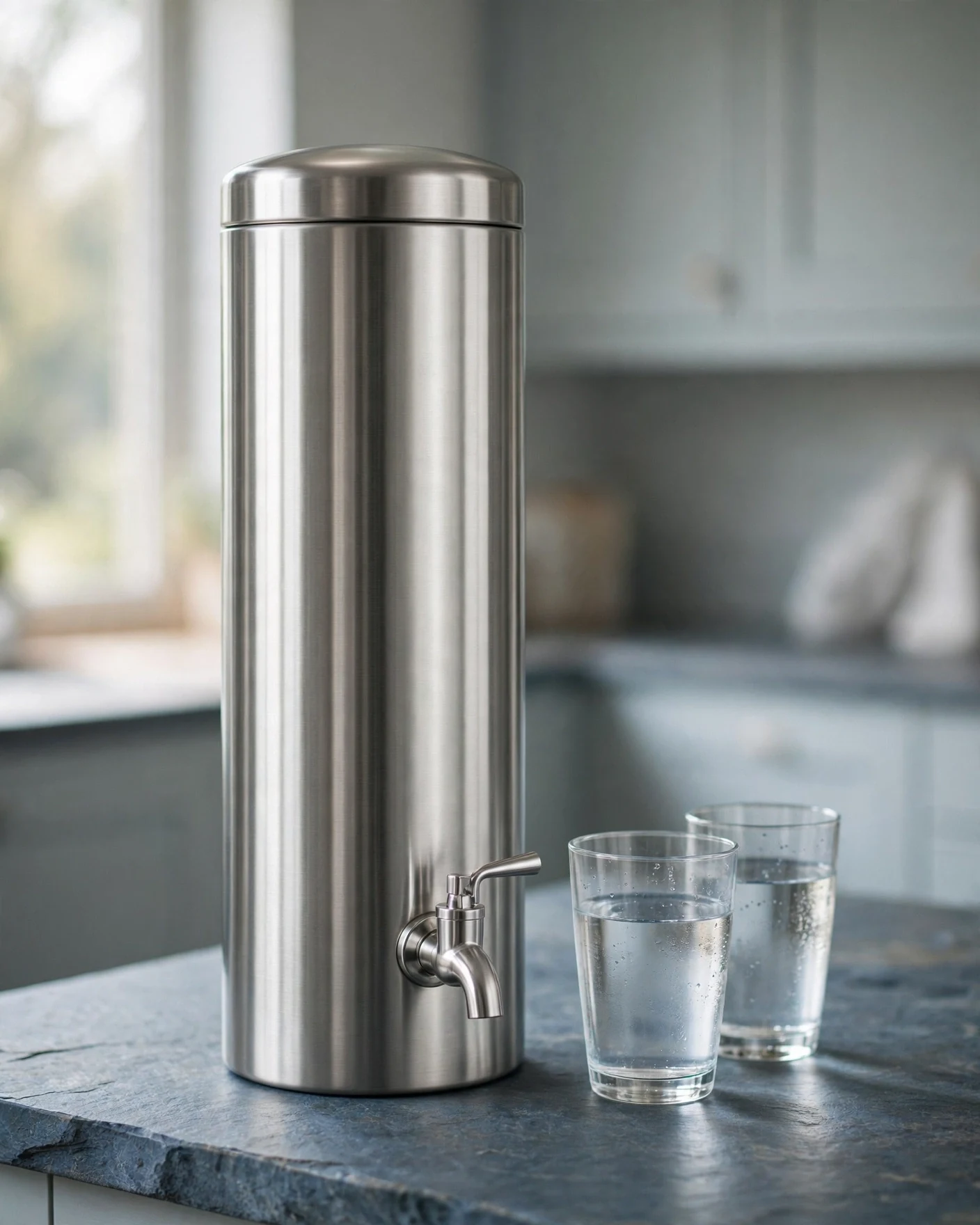 Stainless steel gravity water filter urn with a metal spigot and two glasses of filtered water on a slate-blue counter