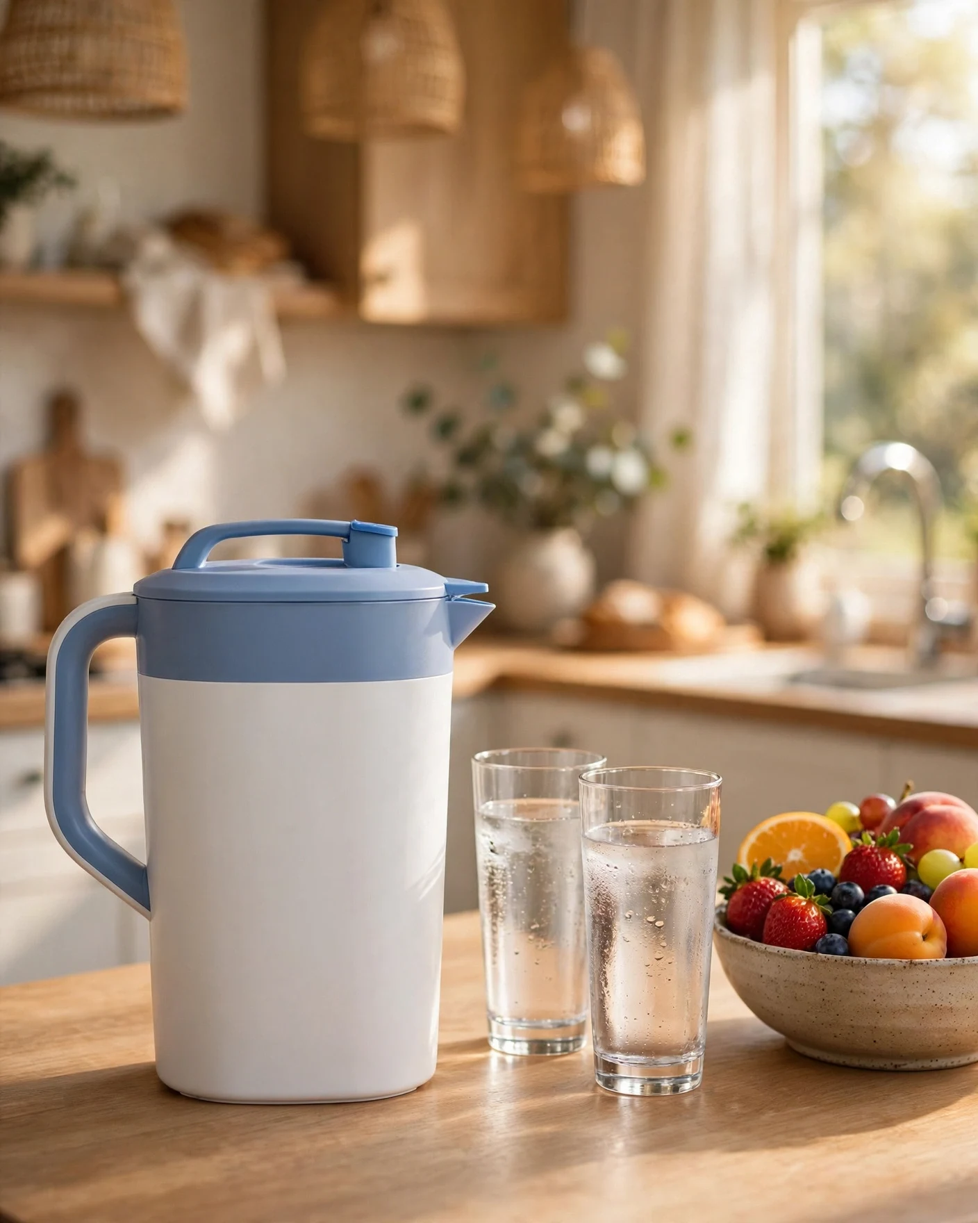 PUR PLUS pitcher with two glasses of filtered water on a kitchen island