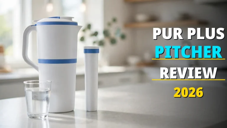 PUR PLUS pitcher review 2026 — 11-cup pitcher on a bright kitchen counter