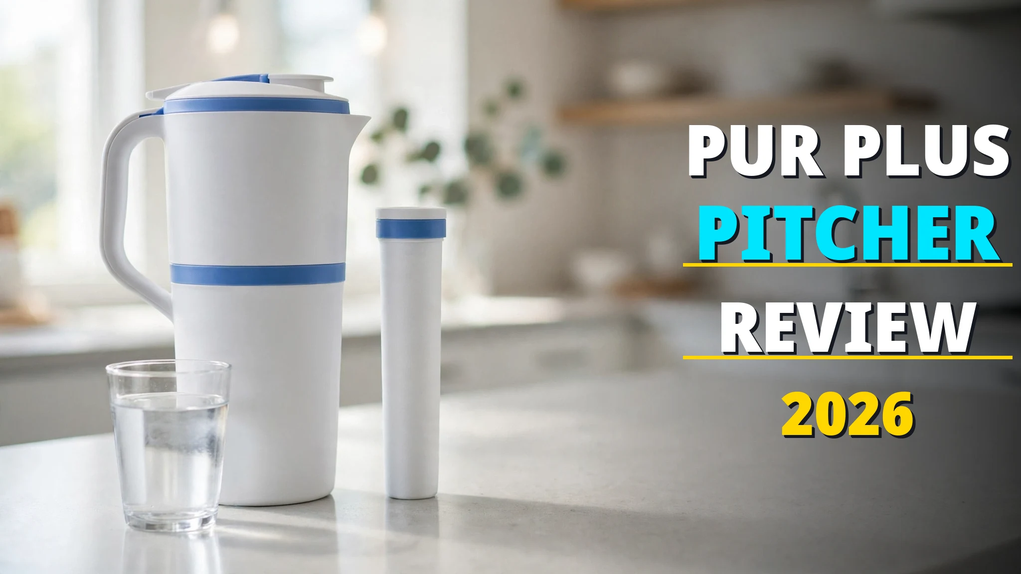 PUR PLUS pitcher review 2026 — 11-cup pitcher on a bright kitchen counter