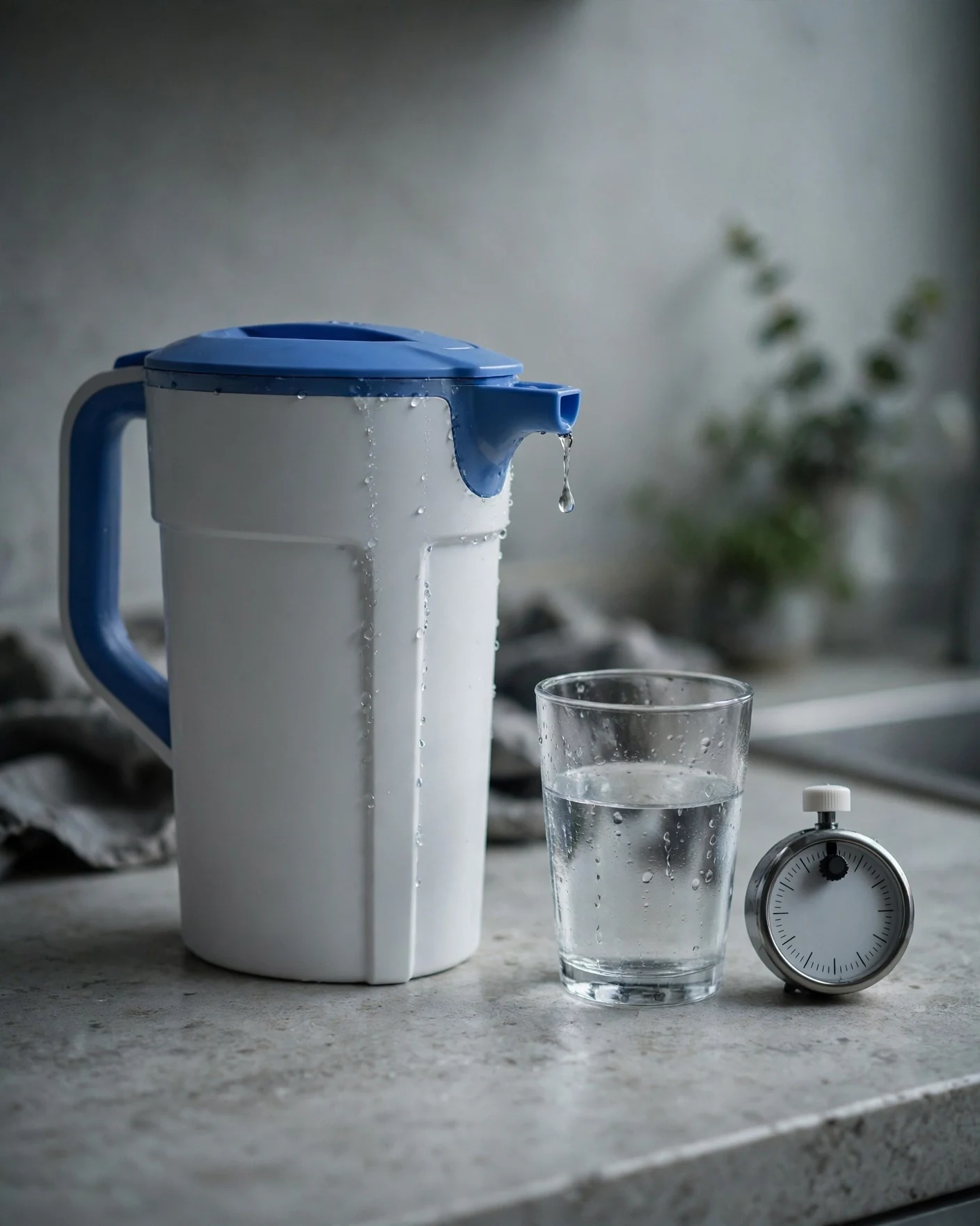 PUR PLUS pitcher with droplets at the lid seam and a kitchen timer