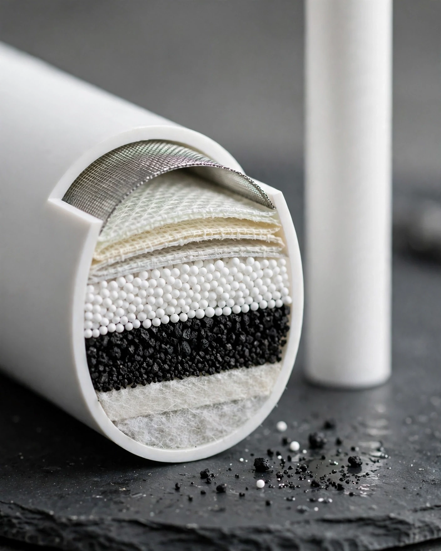 Cutaway view of a 5-stage water filter cartridge showing mesh, ion-exchange beads, carbon granules, and membrane layers on dark slate