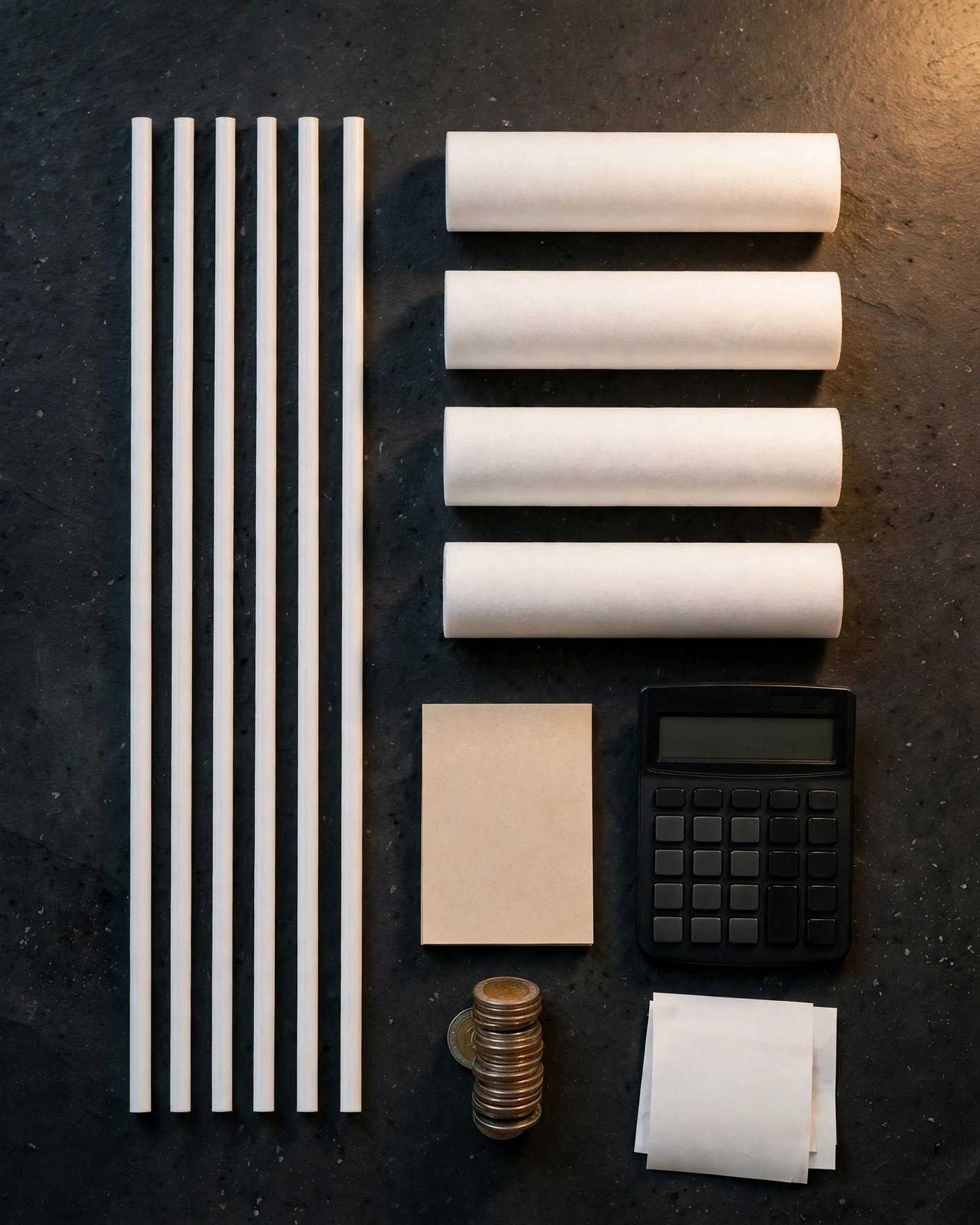 Two rows of unlabeled white replacement filter cartridges beside a calculator, notepad, coin stack, and receipts on a dark slate table