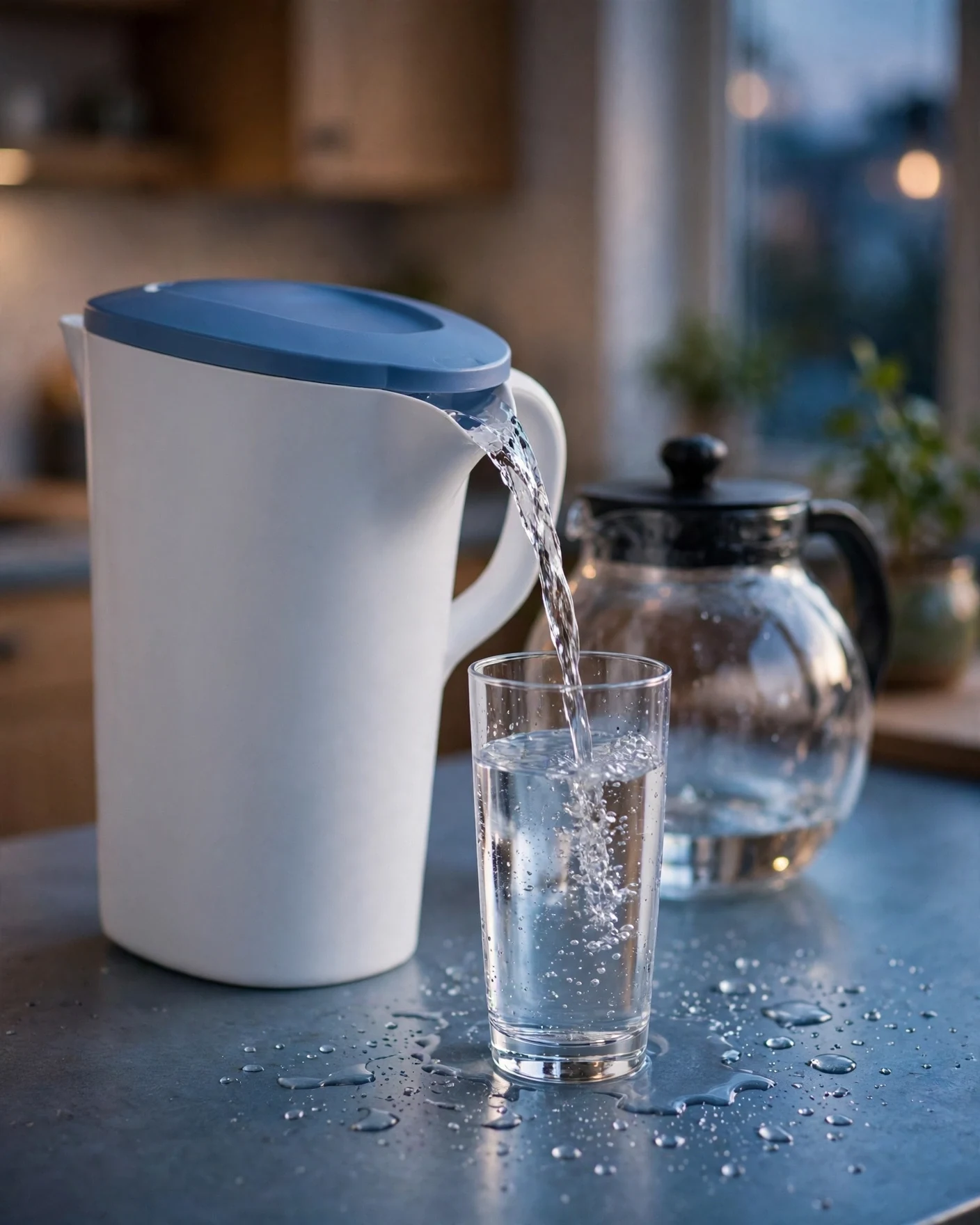 A white pitcher with a blue lid pouring water into a tall glass with a clear round black-lidded pitcher behind it on a steel-blue countertop