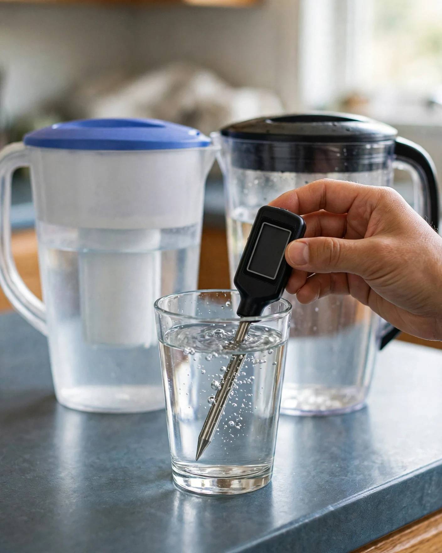 A hand holding a small TDS water meter dipped in a glass of water in front of two unlabeled water filter pitchers on a steel-blue kitchen counter