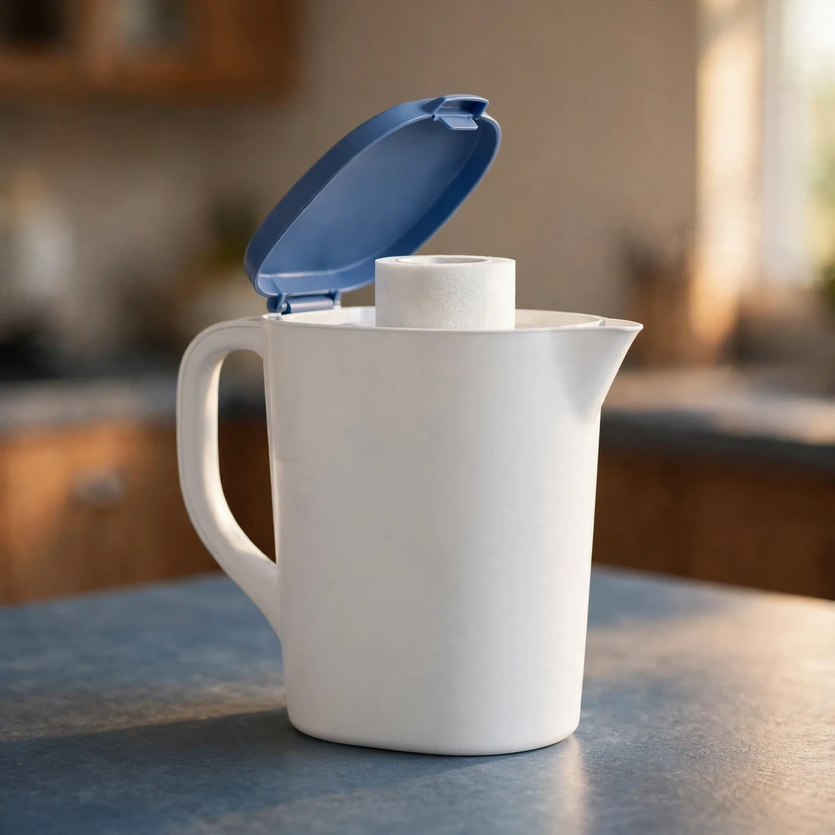 PUR PLUS water filter pitcher with blue lid open showing its filter cartridge, on a steel-blue counter