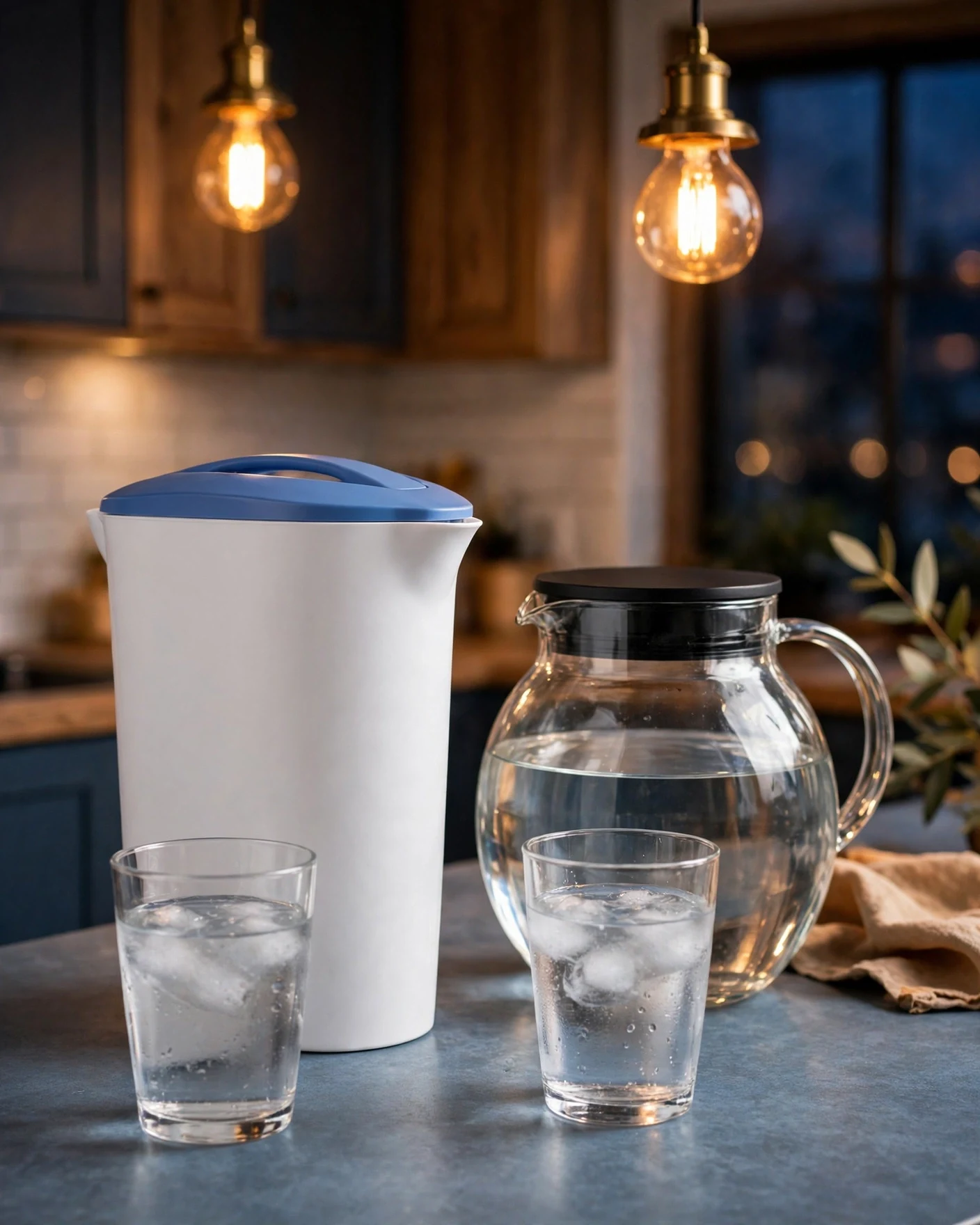 Two unlabeled water filter pitchers — a white pitcher with a blue lid and a clear round pitcher with a black lid — beside two glasses of water on a steel-blue counter