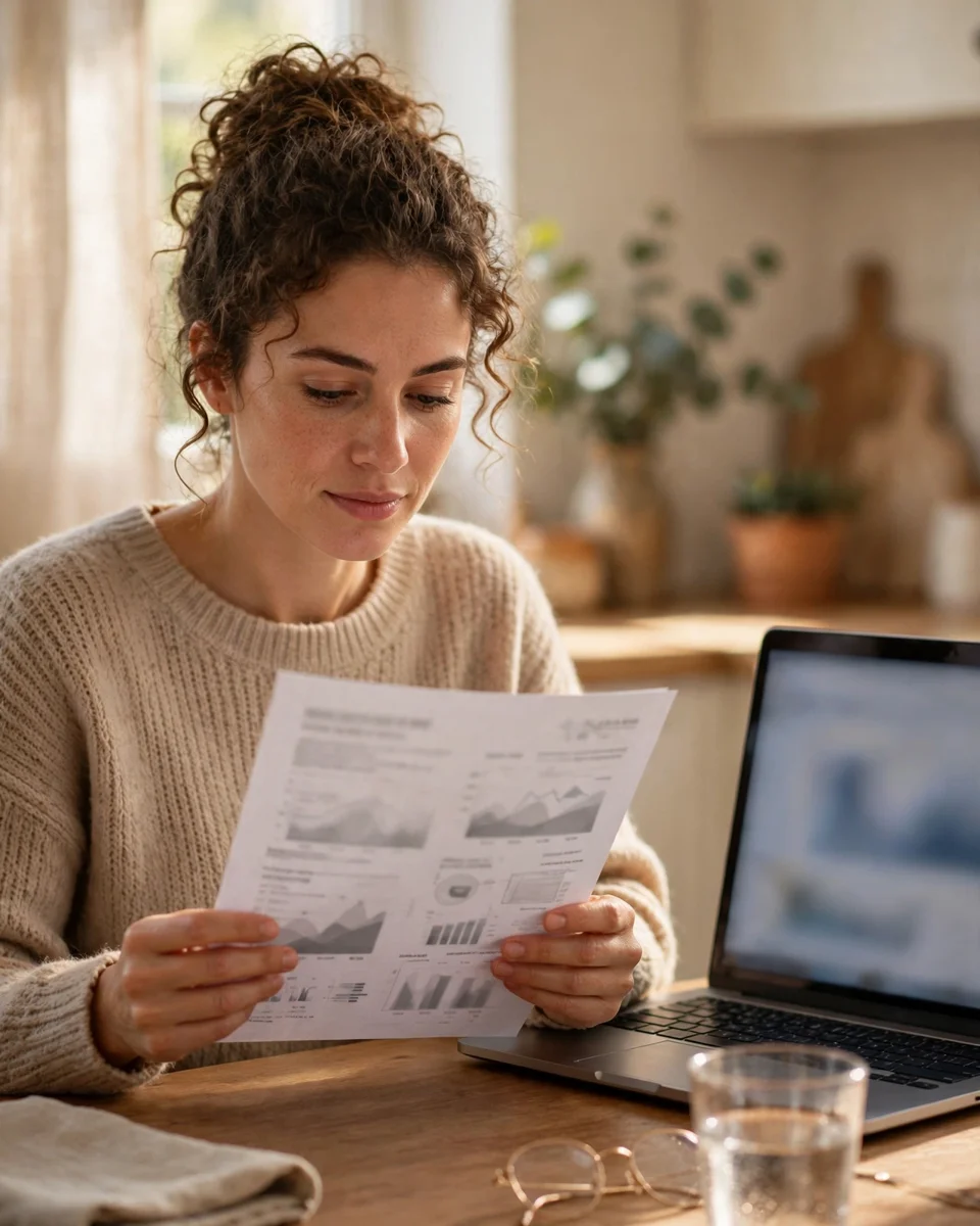 Homeowner reading a printed water quality report at a kitchen table with a laptop — the free first test