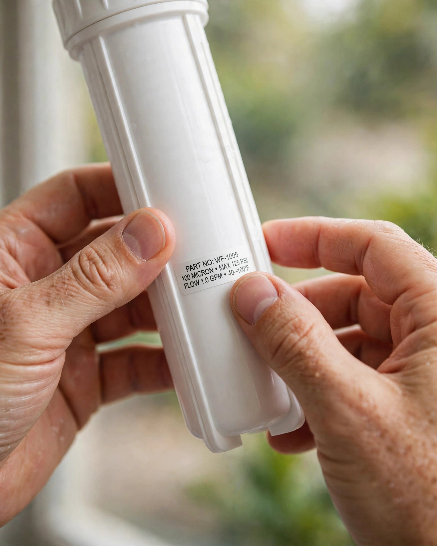 Close-up of hands reading the part-number label printed on the side of a replacement filter cartridge over a workbench