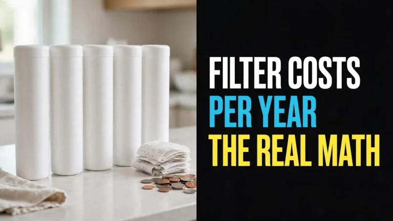 Refrigerator water filter costs per year — a row of white filter cartridges, receipts and coins on a kitchen counter, headline Filter Costs Per Year — The Real Math