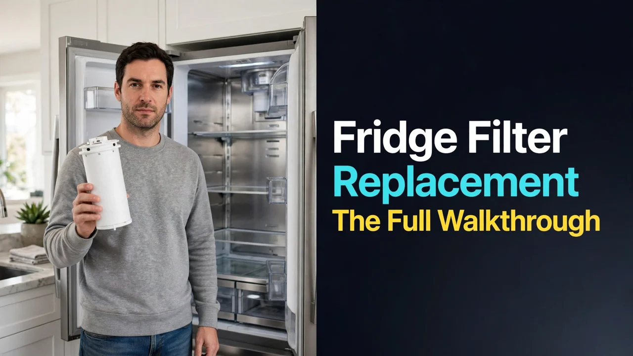 Refrigerator water filter replacement walkthrough — new cartridge in hand in front of an open fridge