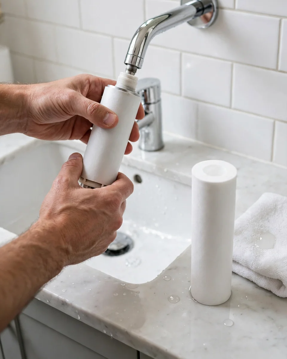 Hands unscrewing a shower filter cartridge with a fresh plain replacement standing on the counter