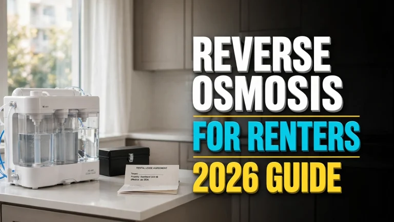 White countertop reverse osmosis purifier on an apartment kitchen counter with a toolbox and rental lease document