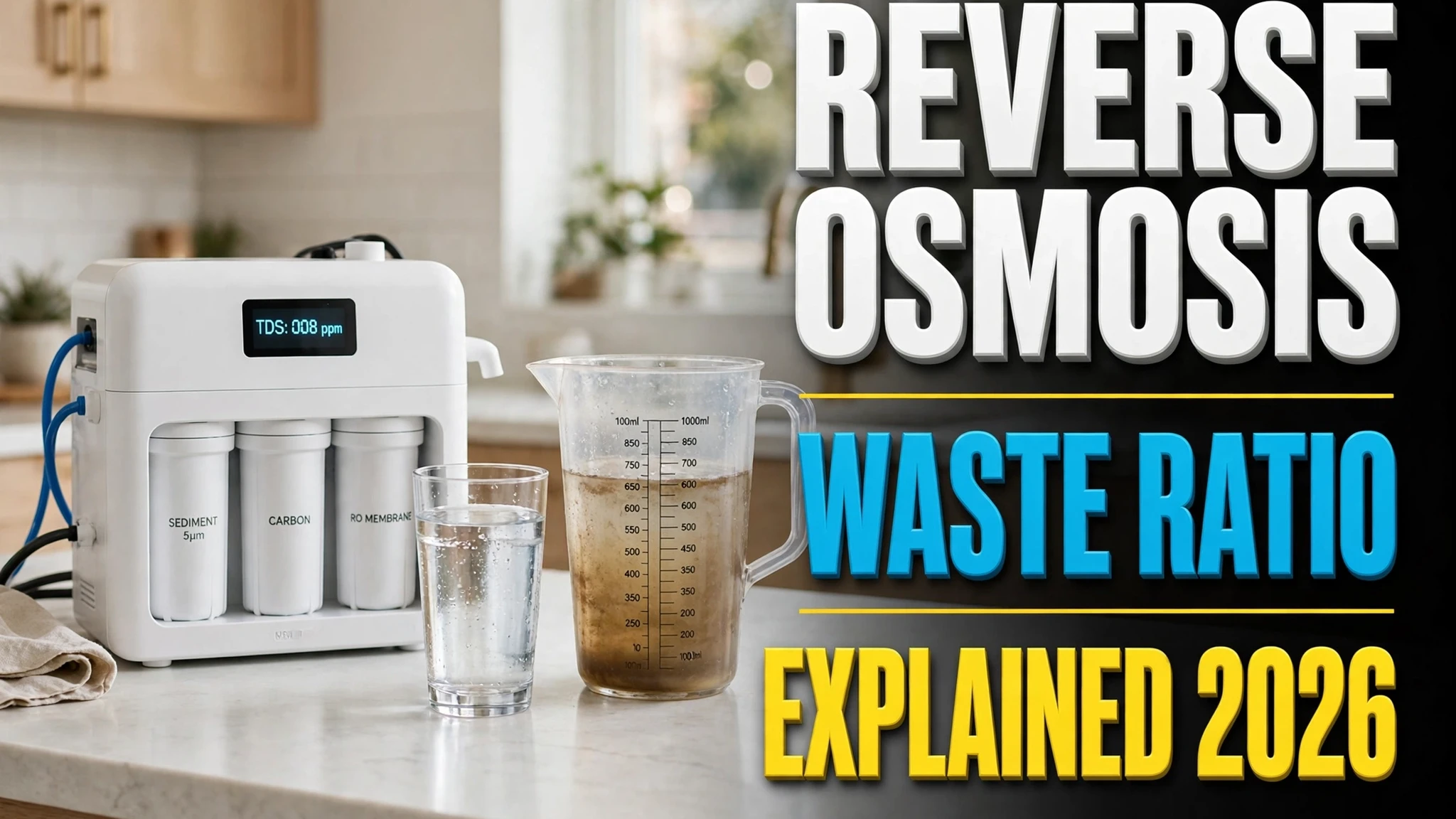 Reverse osmosis waste ratio explained 2026 guide cover: countertop RO unit with glass of purified water and measuring jug of drain water