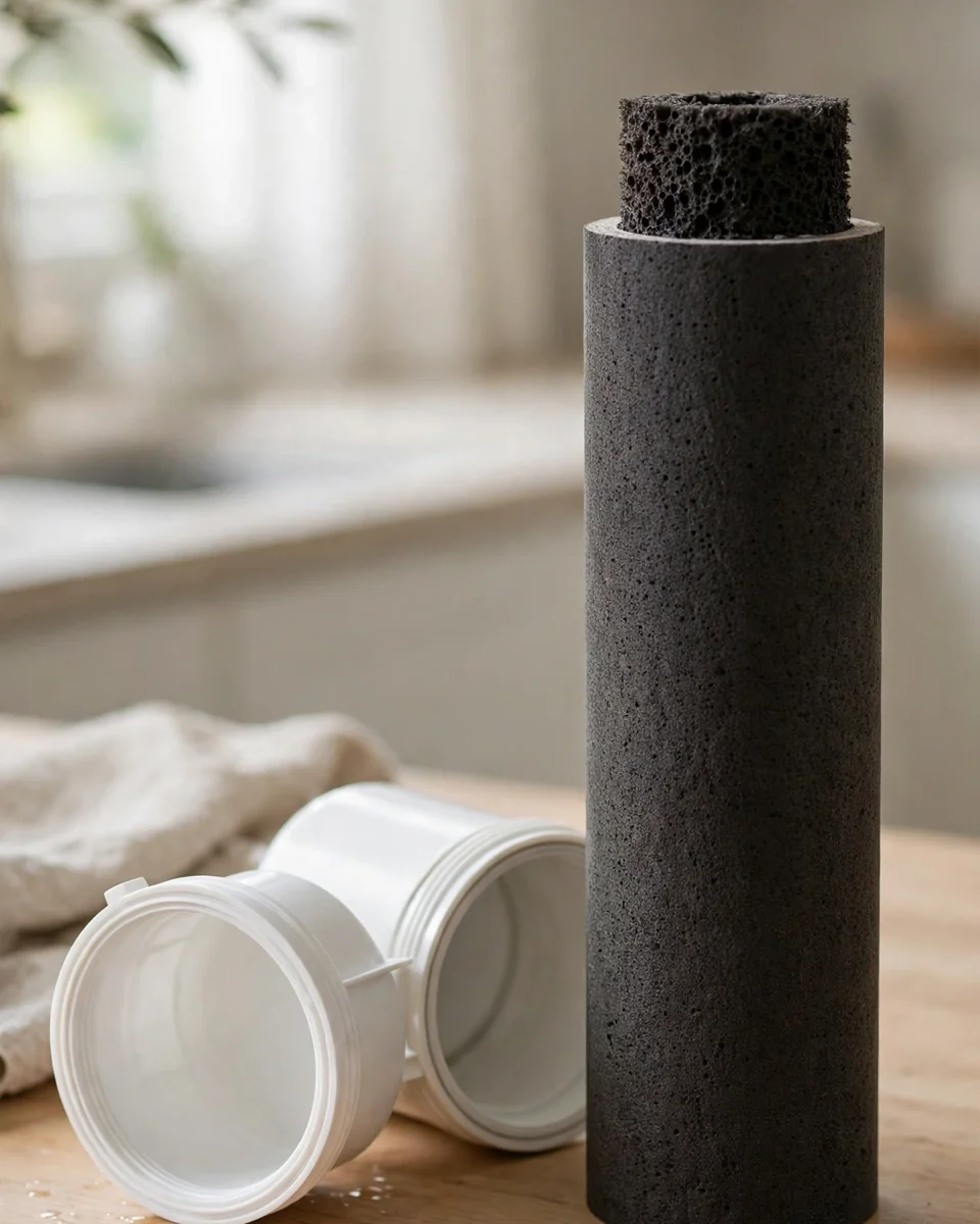 Activated carbon block filter cartridge standing beside its open white housing — the stage that handles chlorine