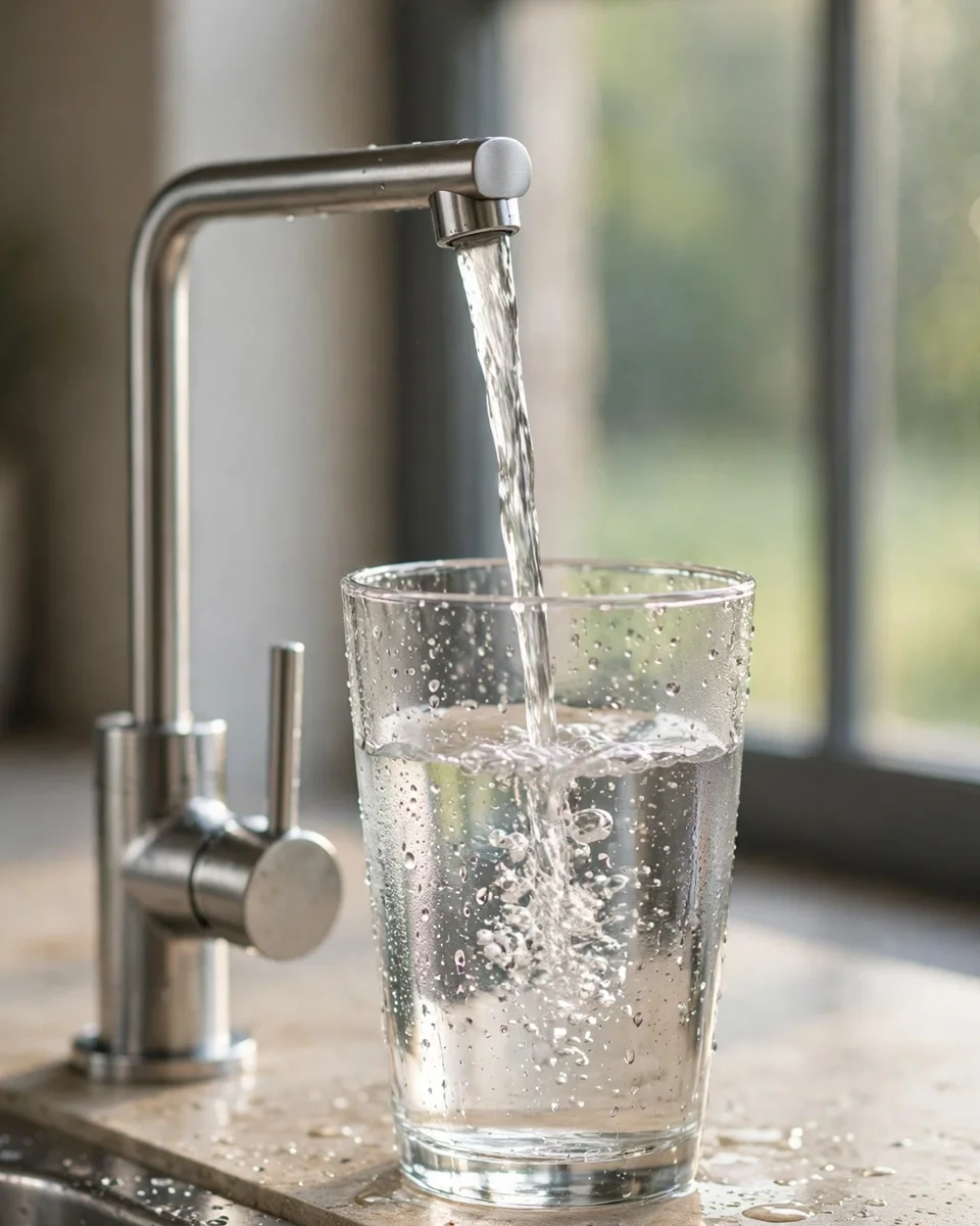 A glass filling with water from a slim chrome RO faucet beside a kitchen sink