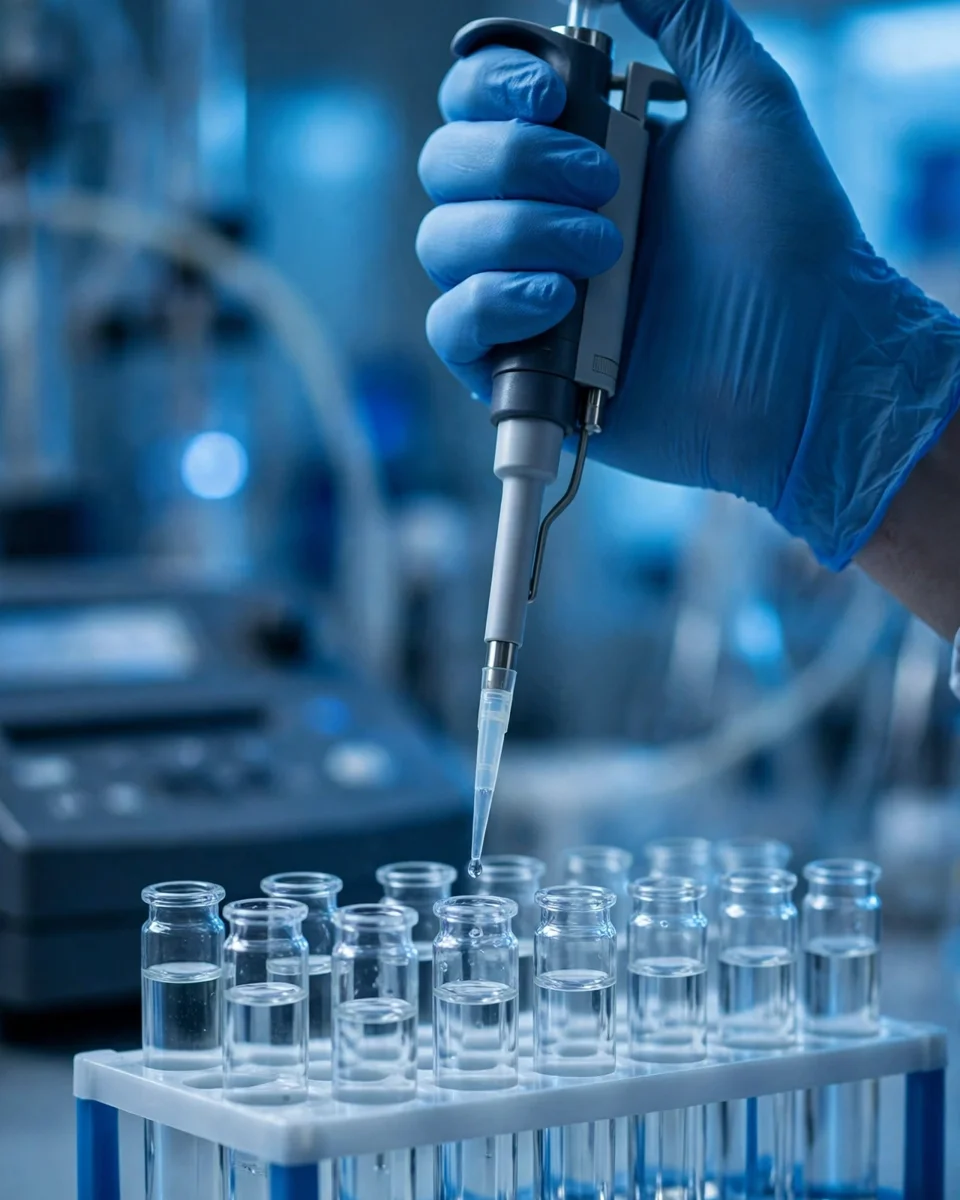 Gloved hand using a pipette over a rack of water sample vials in a laboratory — how lead in water is measured