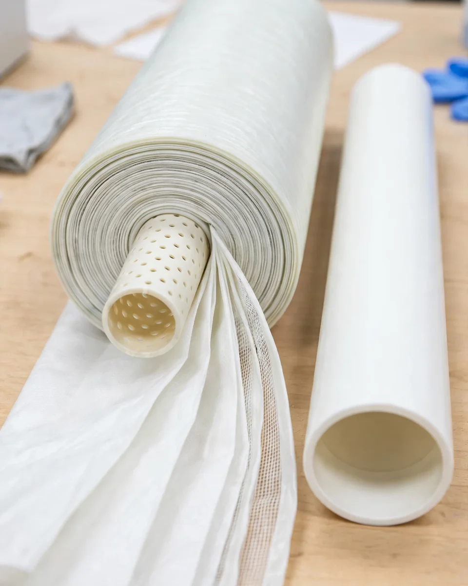 Spiral-wound reverse osmosis membrane element unrolled on a workbench, showing its layered sheet and perforated core tube