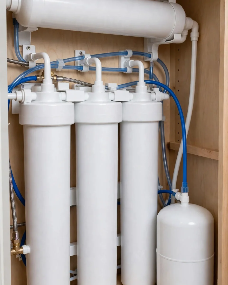 Under-sink reverse osmosis system with blank white filter housings, membrane tube and storage tank in a kitchen cabinet