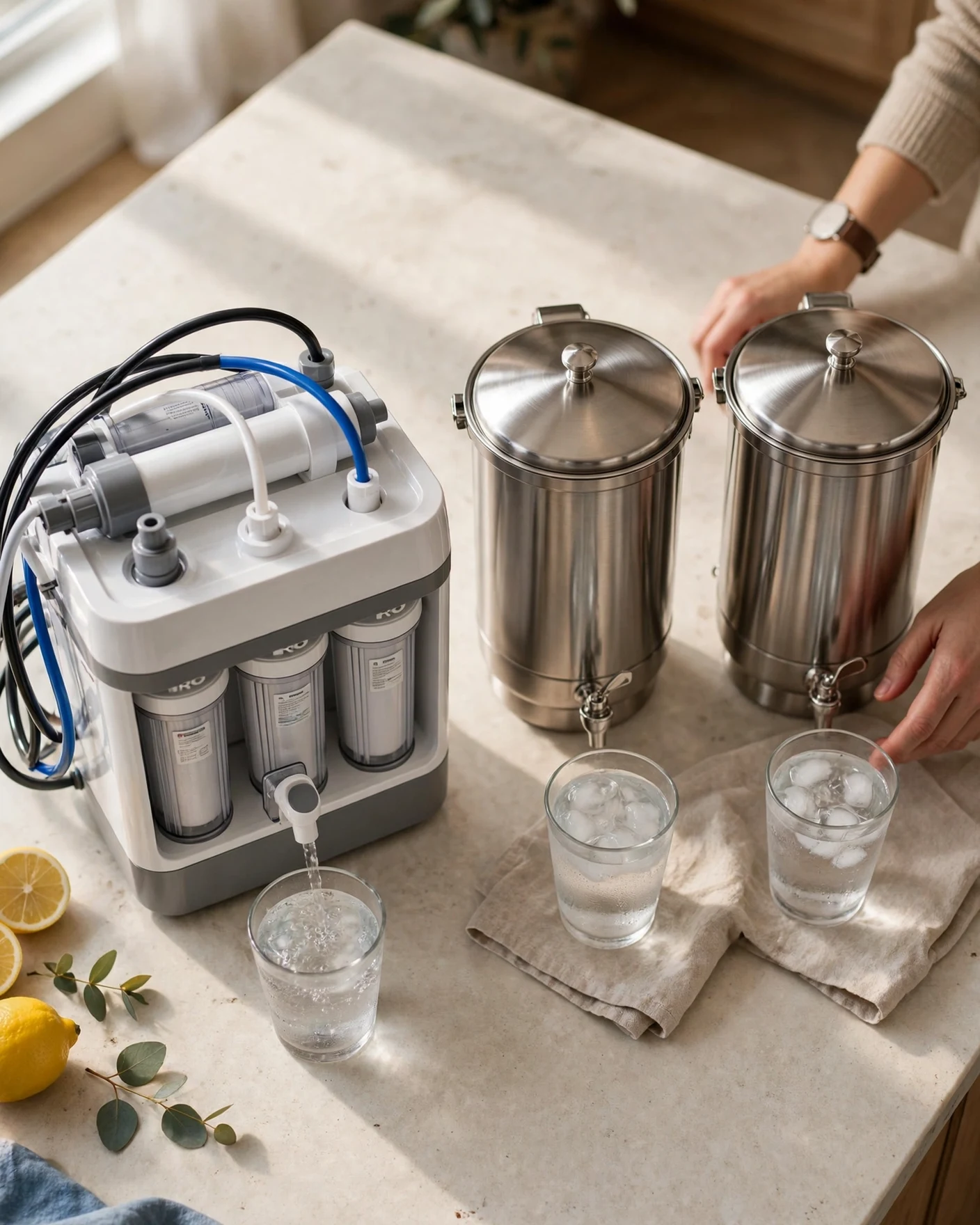 Countertop RO appliance and gravity filter urns side by side on a kitchen island
