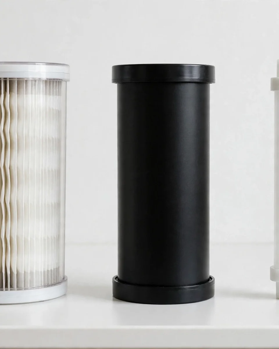 Sediment cartridge, carbon block and post-filter in a row — the stages on different change clocks
