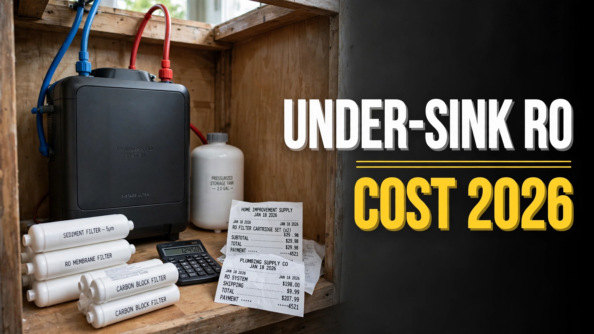 Under-sink tankless RO system with replacement filter cartridges, calculator, and receipts illustrating yearly RO system costs
