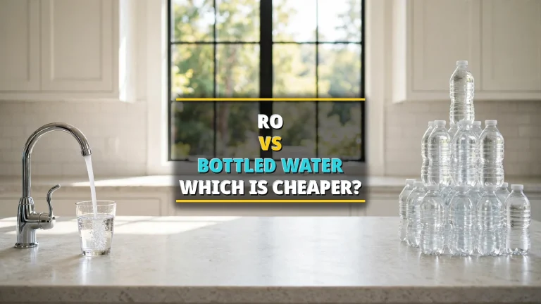RO vs bottled water cost 2026 — kitchen faucet pouring into a glass beside a pyramid of plastic water bottles