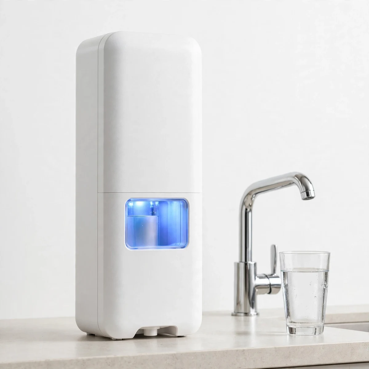 Slim white tankless reverse-osmosis unit with a blue UV glow window beside a chrome faucet and a glass of water