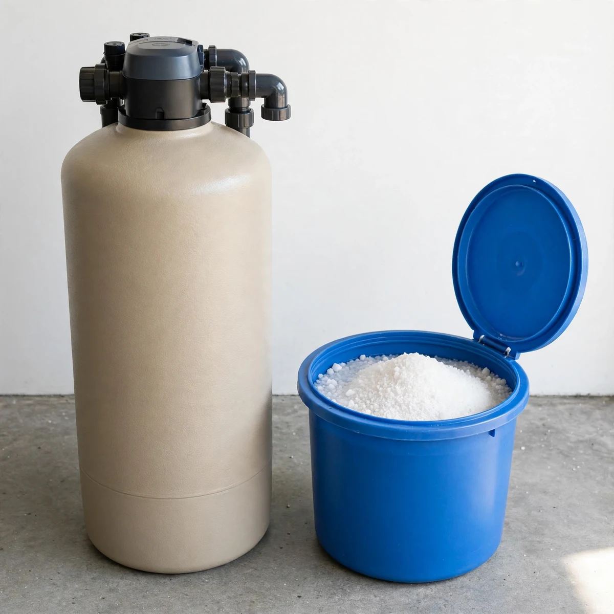 Beige water-softener resin tank with control head beside an open blue brine tank filled with white salt pellets