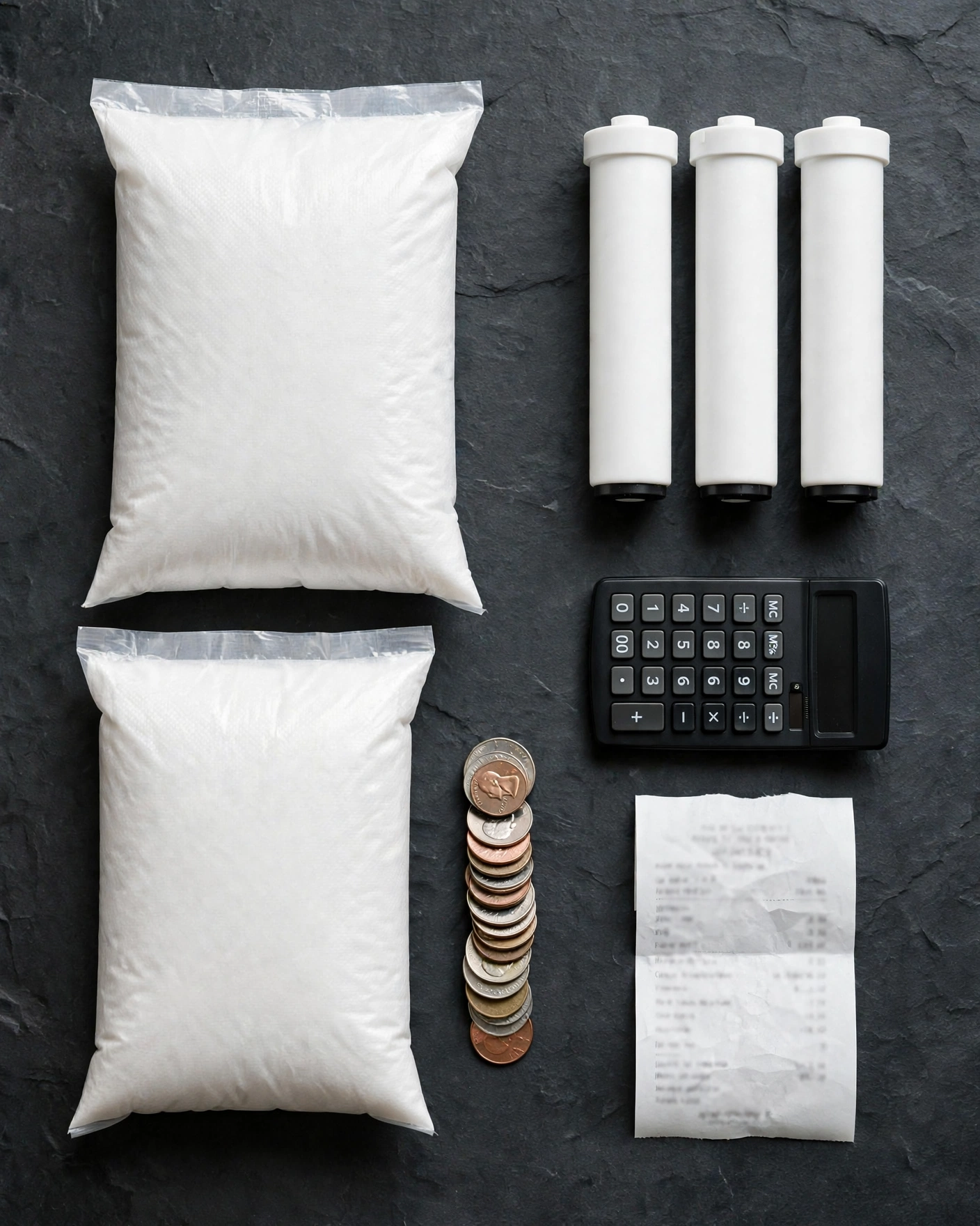 Overhead flat-lay comparing yearly upkeep: water-softener salt bags and coins beside reverse-osmosis cartridges, a calculator, and a receipt