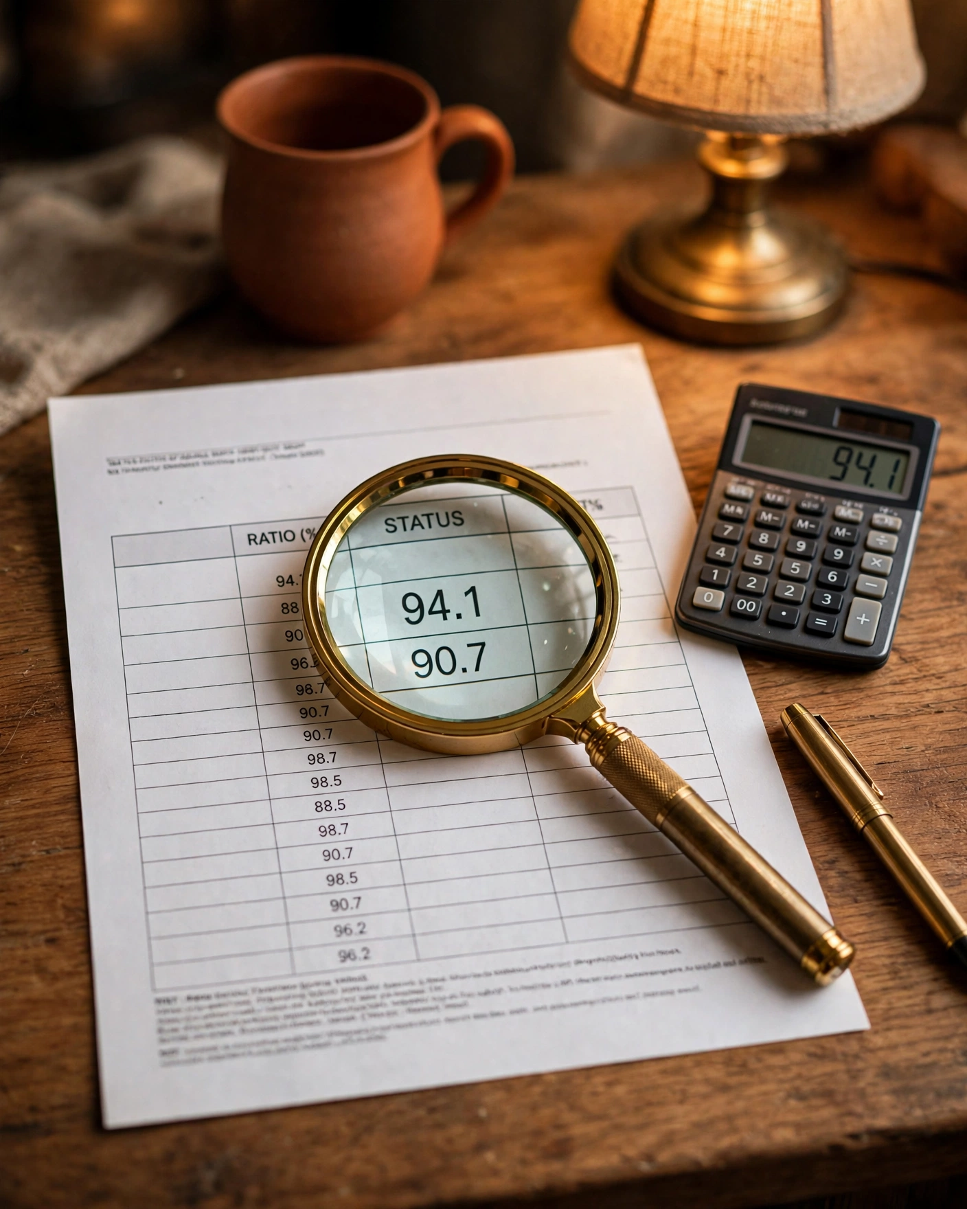 Magnifier over a water filter spec sheet with efficiency ratio figures