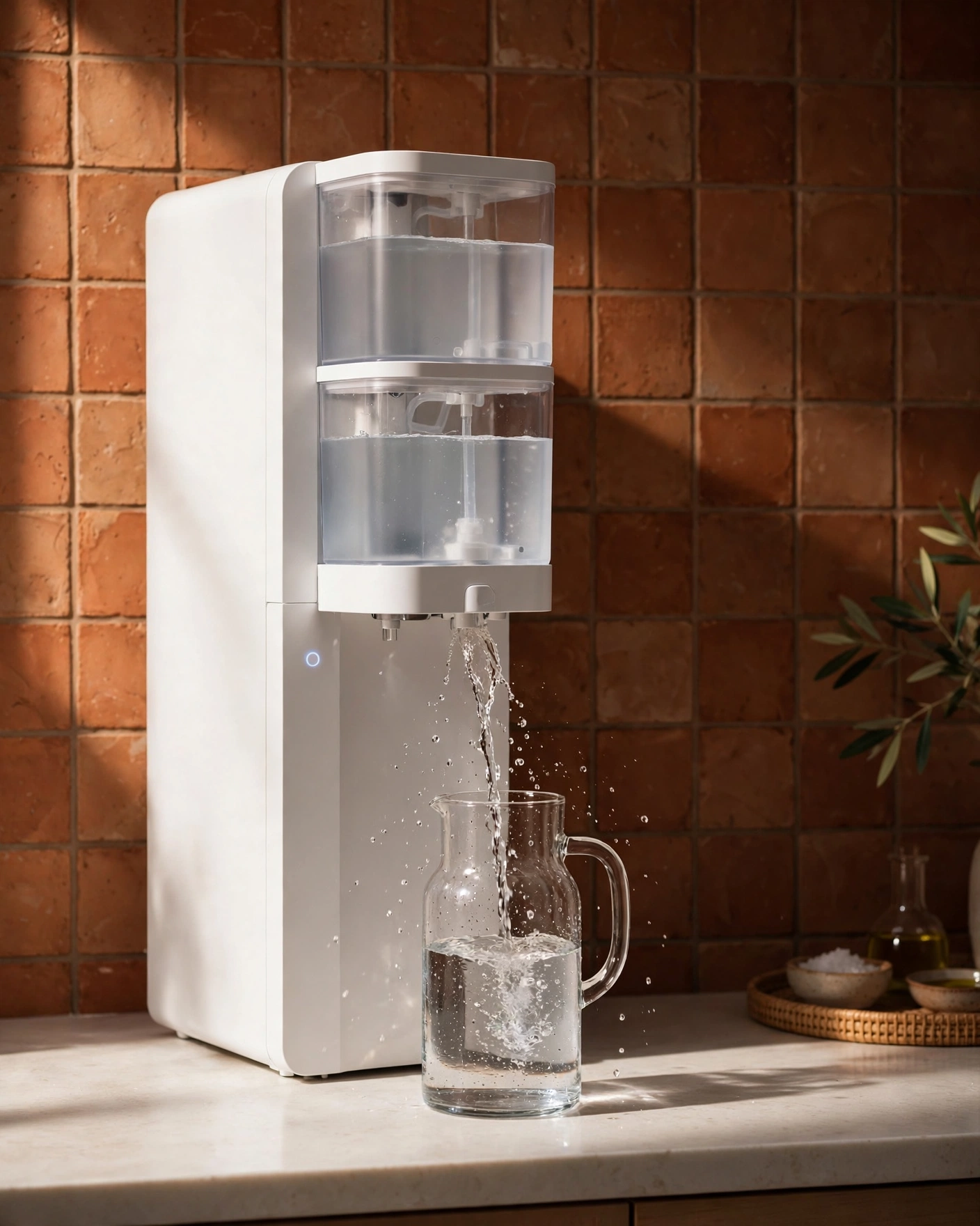 A countertop RO unit dispensing purified water into a glass carafe under a spotlight