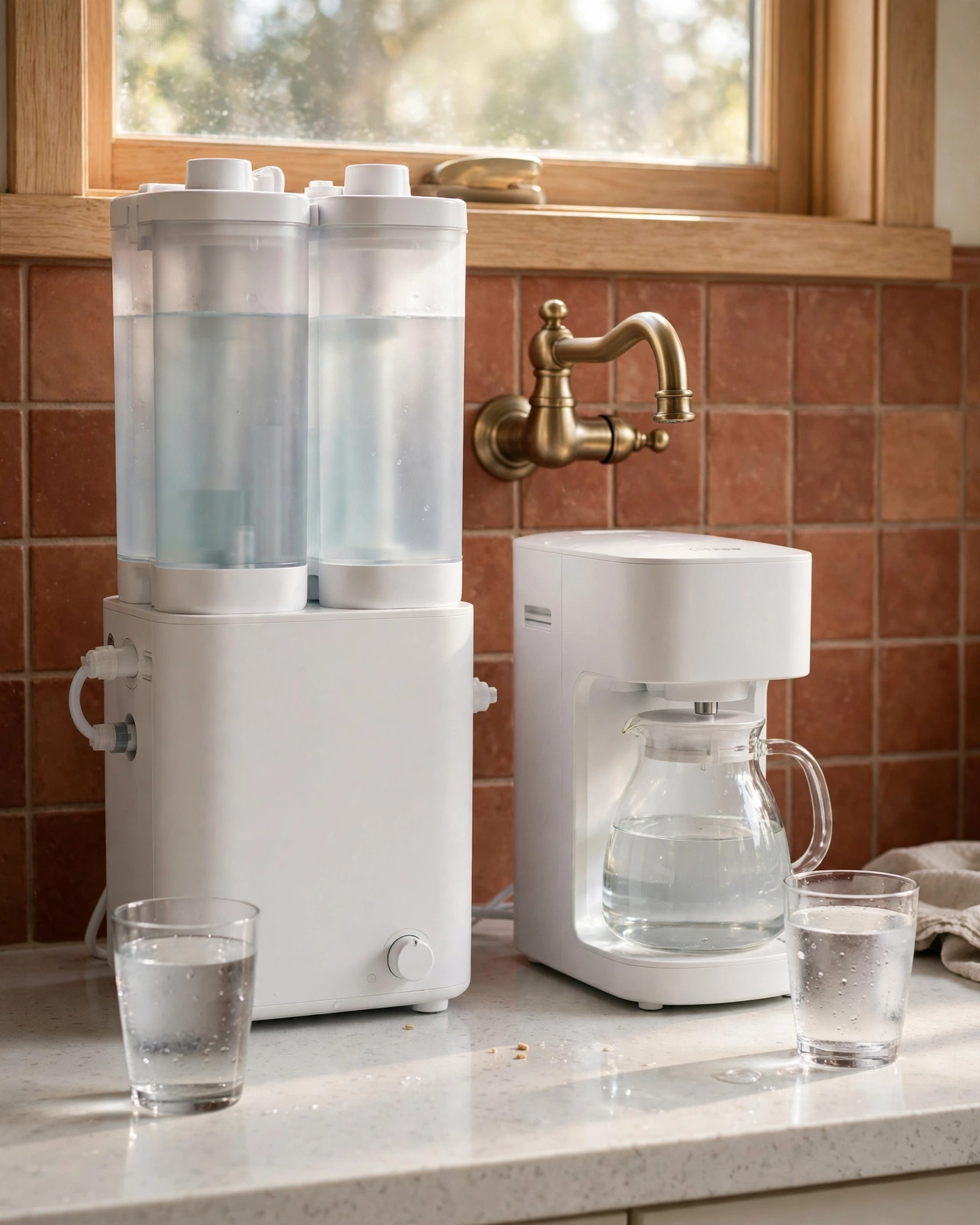 Two countertop RO units compared side by side for waste ratio