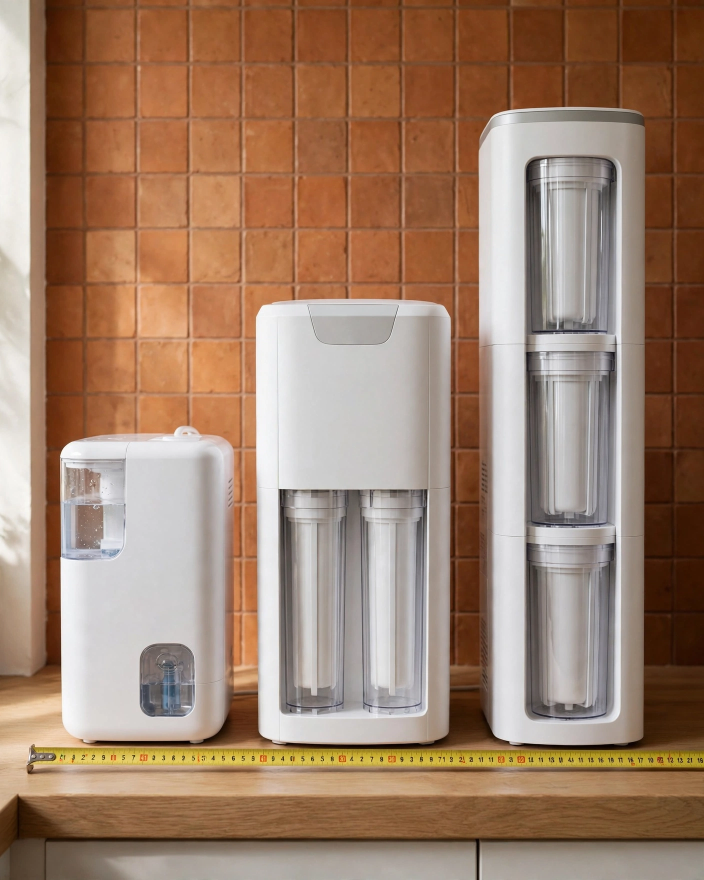 Three countertop RO units lined up smallest to tallest with a measuring tape