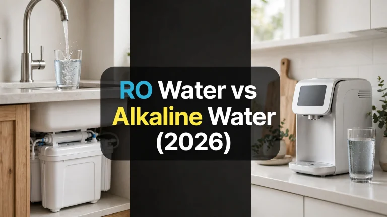 An under-sink RO unit with faucet and glass beside a countertop ionizer-style appliance