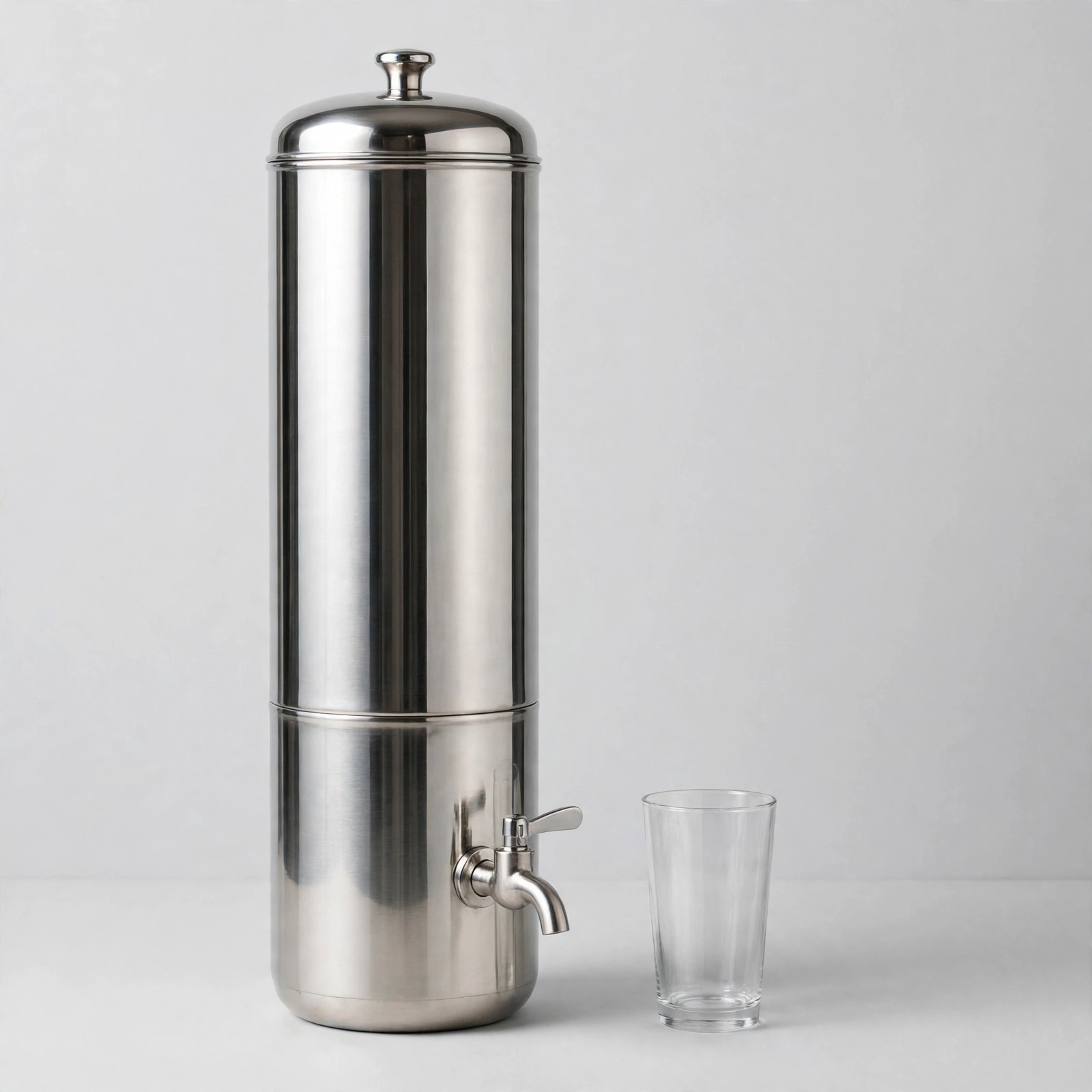 Tall stainless gravity filter with a drinking glass beside it for scale