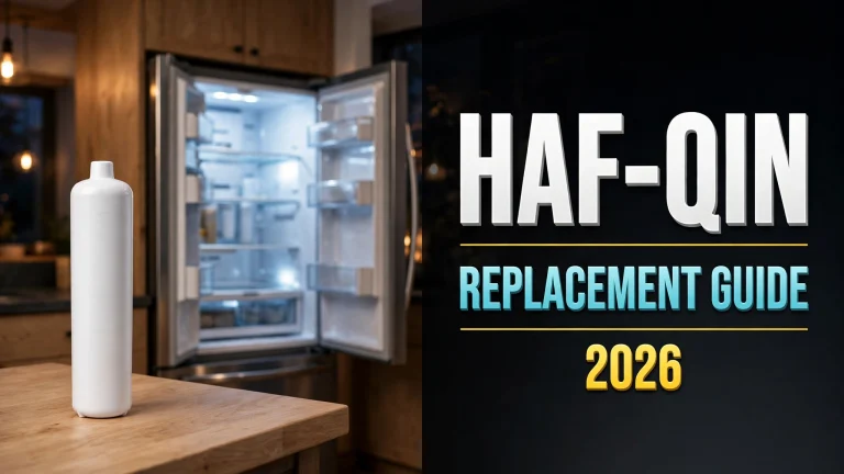 Samsung HAF-QIN refrigerator water filter cartridge beside an open stainless-steel French-door refrigerator