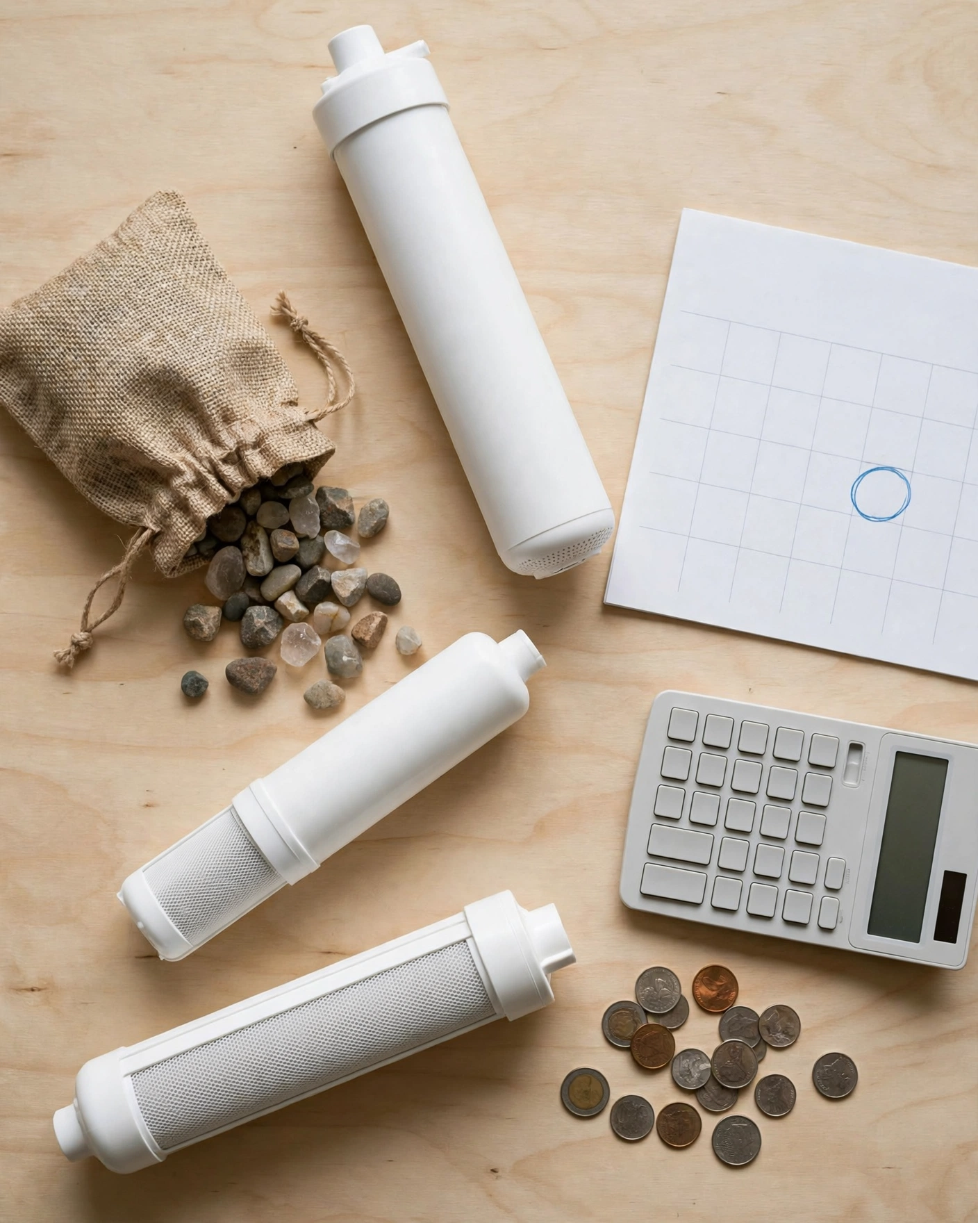 Gravity filter cartridges, mineral stones, a calendar and calculator for yearly cost math